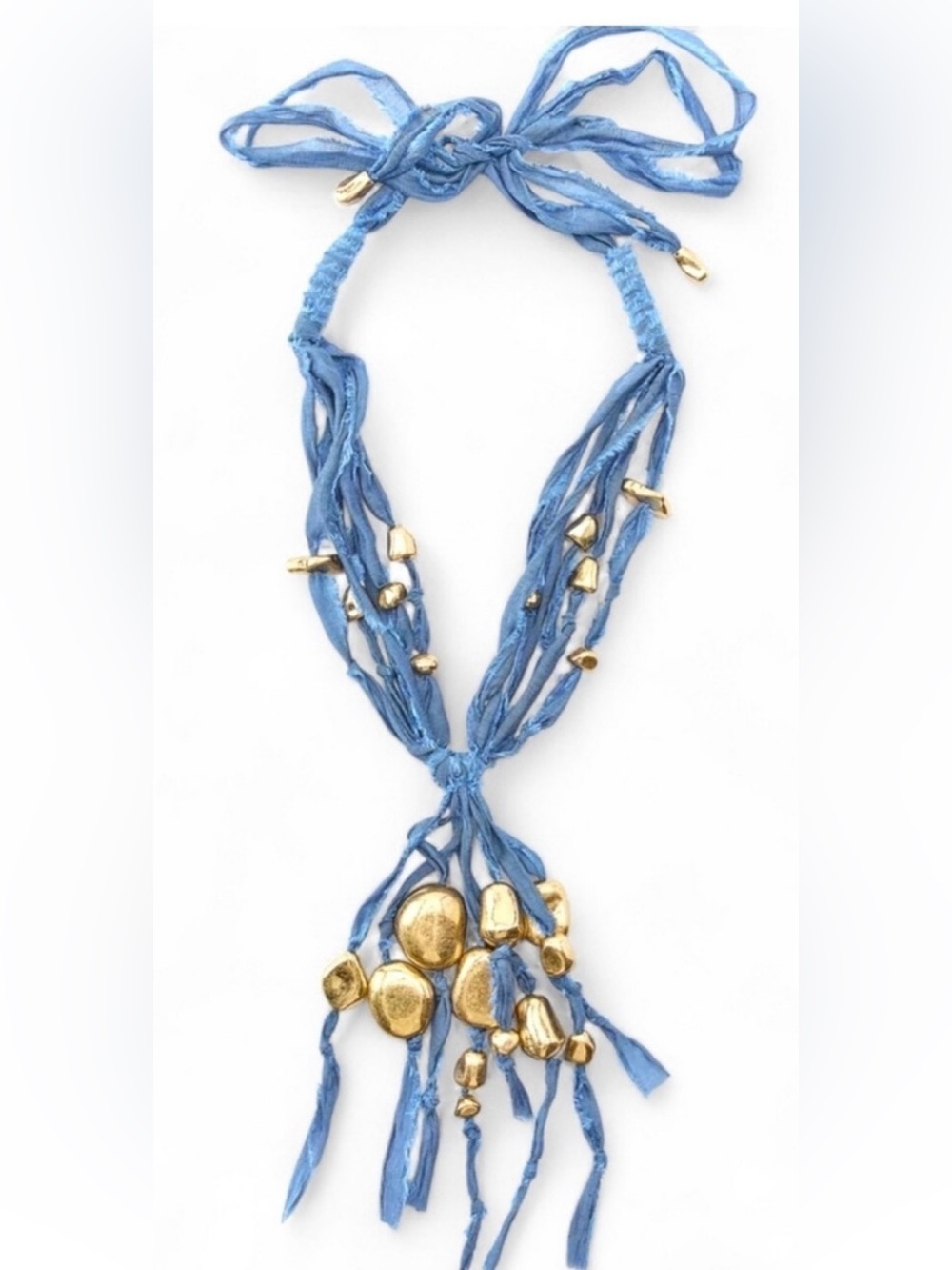Zara Blue Fabric Necklace with Gold Accent Metal Pieces NWT